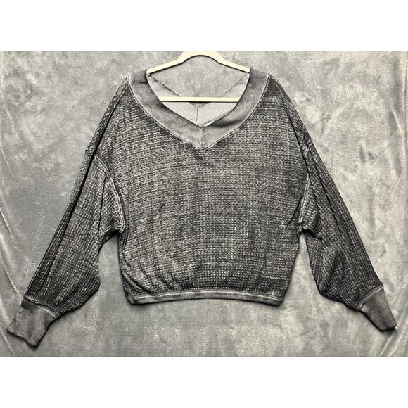 We The Free Top Woman’s XS Gray Oversized Waffle Knit V-Neck Slouchy Boho - Picture 1 of 10